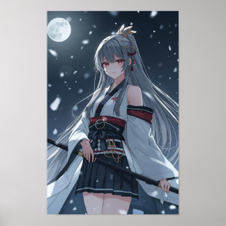 Poster Moonlit Snow Samurai — Elegant Anime Girl Warrior