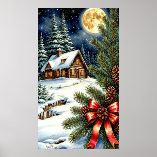 Poster 🏡 Moonlit Snowy Cabin in Enchanted Winter Forest 