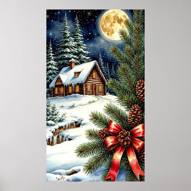 Poster 🏡 Moonlit Snowy Cabin in Enchanted Winter Forest  (Frente)