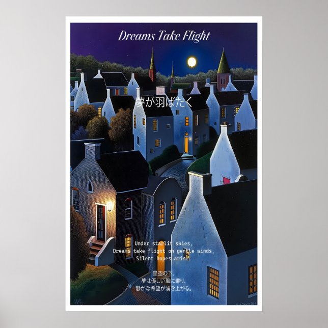Poster Moonlit Village Art Print Nighttime Landscape (Frente)