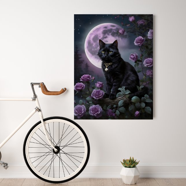 Pôster Moonlit Whiskers (Purple moonlight, roses and cat)