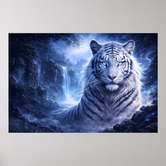 Poster Moonlit White Tiger Guardian – Blue Fantasy Spirit (Frente)