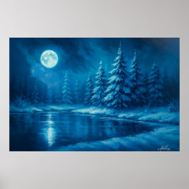 Poster Moonlit Winter Forest by a Lake