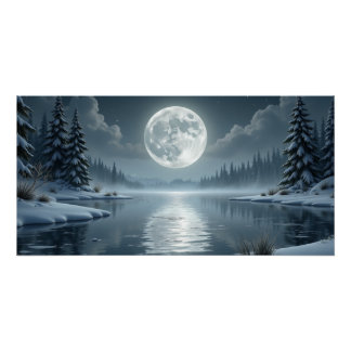 Pôster Moonlit Winter Lake – Serene Night Landscape Art