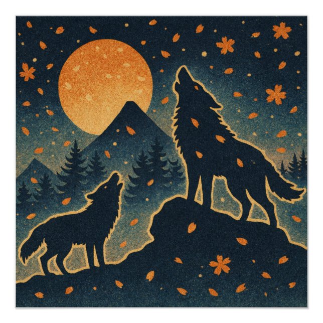 Pôster Moonlit Wolves & Mount Fuji – Japanese Night Art  (Frente)