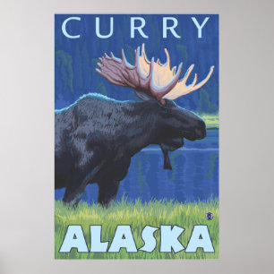 Pôster Moose at Night - Curry, Alaska