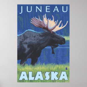 Pôster Moose at Night - Juneau, Alaska