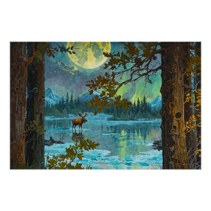 Pôster Moose Canadiana e Lua de inverno