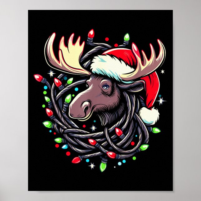 Poster Moose Christmas Santa Hat Lights Moose For Kids Wo (Frente)