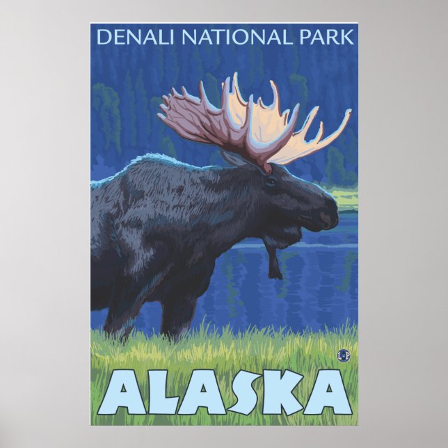 Pôster Moose da Noite - Parque Denali Nat'l, Alaska (Frente)