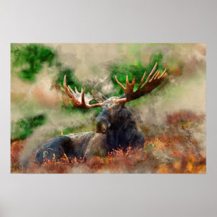 Poster Moose de Mídia de Combinação de Aquarela