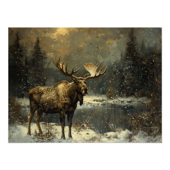 Pôster Moose em pintura de paisagem de inverno (Frente)