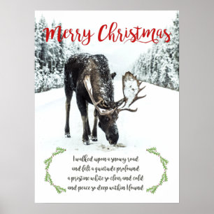 Poster Moose In Winter Snow Photo Verse Merry Christmas