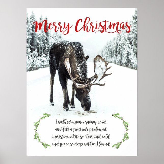 Poster Moose In Winter Snow Photo Verse Merry Christmas (Frente)