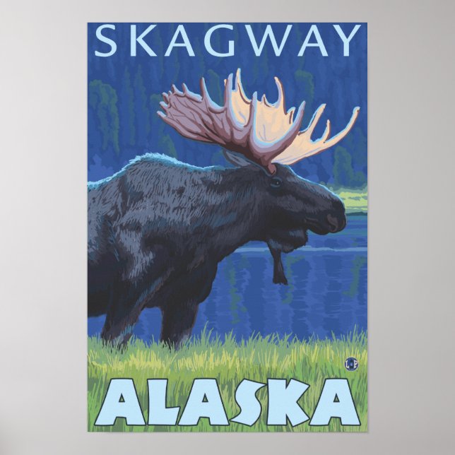 Pôster Moose na Noite - Skagway, Alaska (Frente)