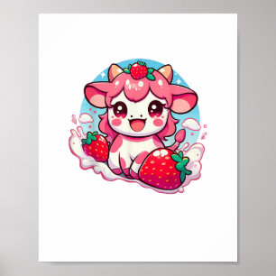 Poster Morango Vaca Kawaii Anime Morango Leite _3