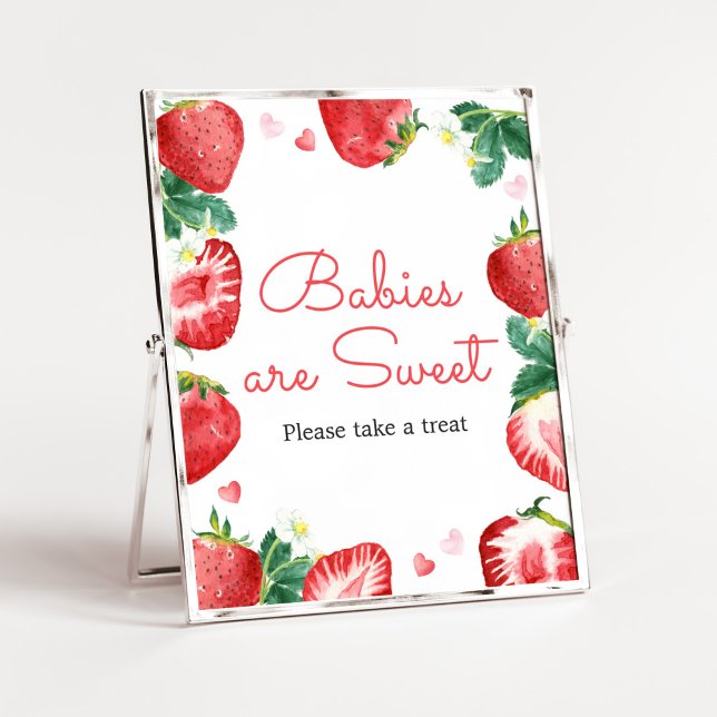 Poster Morangos Bebês Docinhos são Doces (A Berry Sweet Strawberry Baby Shower Babies are Sweet Sign)