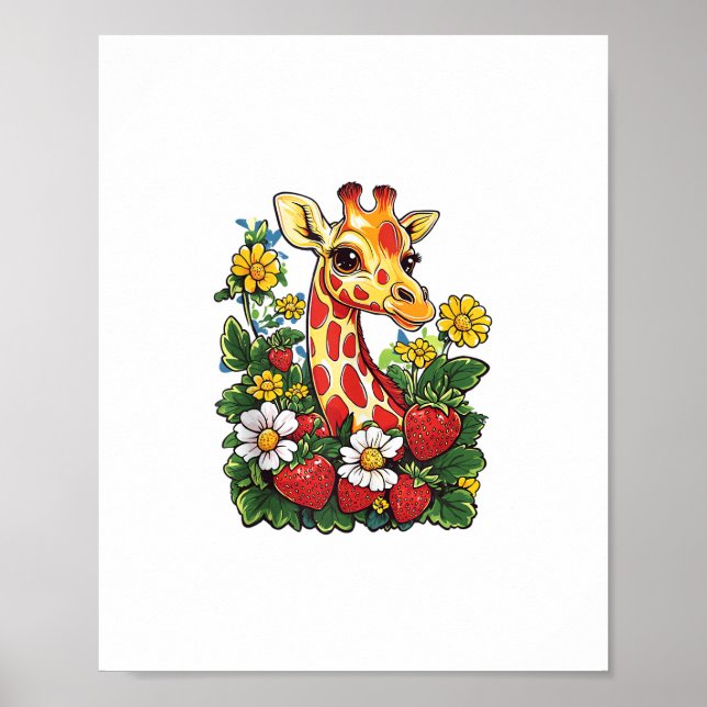 Poster Morangos de Girafa e Gráfico de Flores Gira Fofa (Frente)