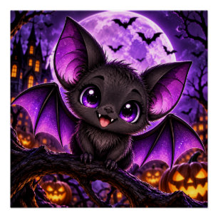 Pôster Morcego Roxo Gótico Fofo de Halloween Lua