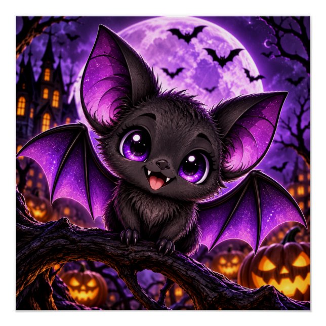 Pôster Morcego Roxo Gótico Fofo de Halloween Lua (Frente)