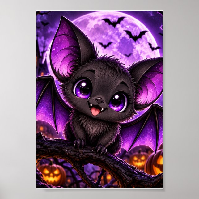Poster Morcego Roxo Gótico Fofo de Halloween Lua (Frente)