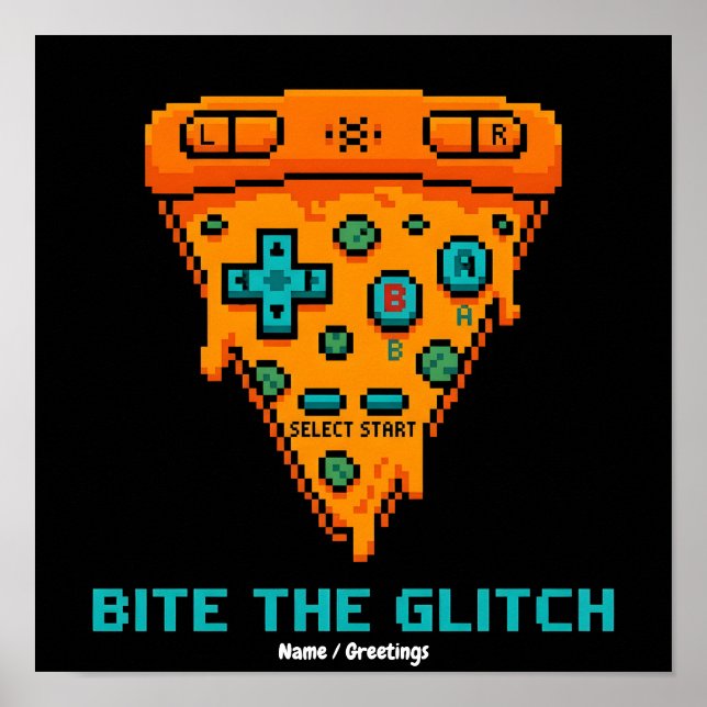 Poster Morde a Falha Retro 8-Bit Pixel Pizza Gamer (Frente)