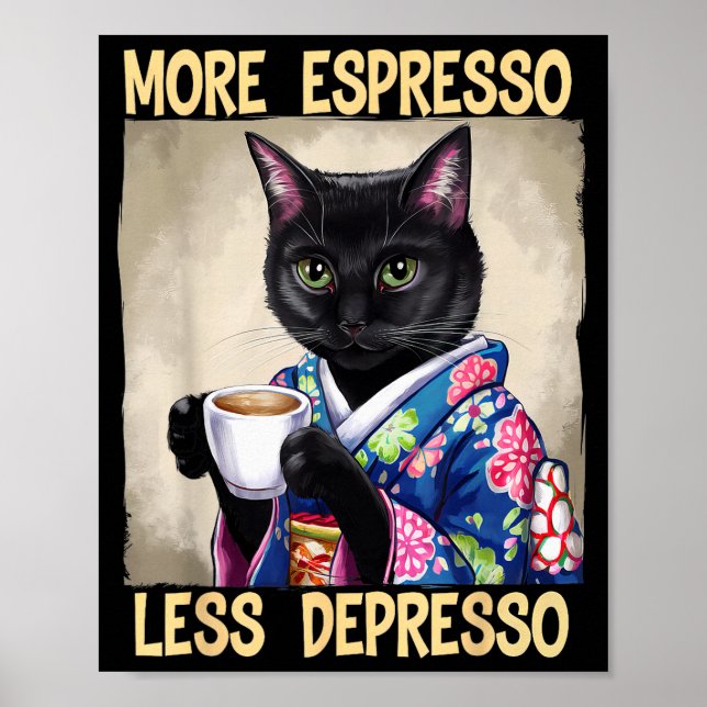 Poster More Espresso Less Depresso Japanese Art Funny Cat (Frente)
