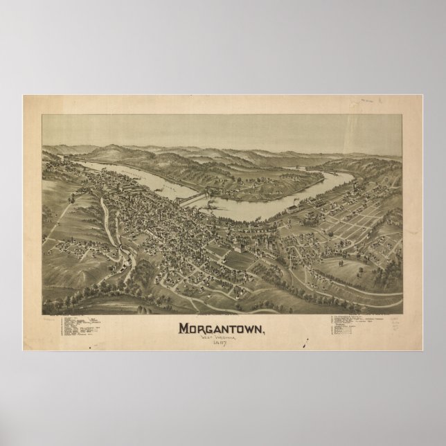 Poster Morgantown, 1897, Mapa Panorâmico do Olho de Bird (Frente)