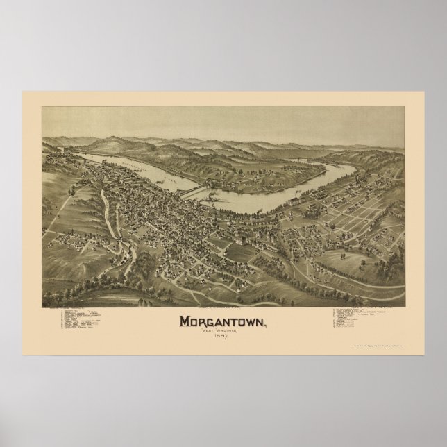 Poster Morgantown, Mapa Panorâmico do WV - 1897 (Frente)