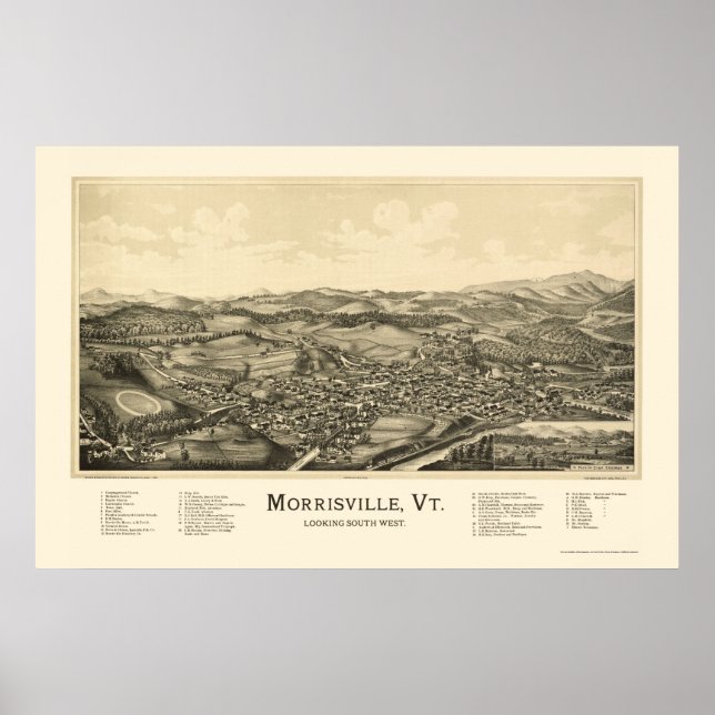 Pôster Morrisville, Mapa Panorâmico da VT - 1889 (Frente)