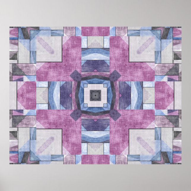 Poster Mosaico Geométrico Abstrato Roxo, Azul e Cinza (Frente)