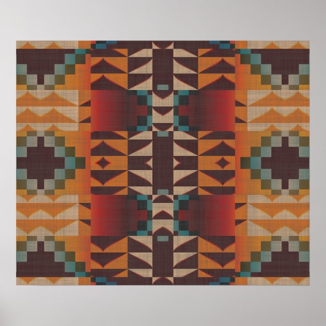 Pôster Mosaico Tribal Vermelho Laranja Azul Teal Azul (Frente)