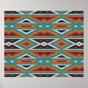 Poster Mosaico Tribal Vermelho Vermelho Azul de Teal Úni