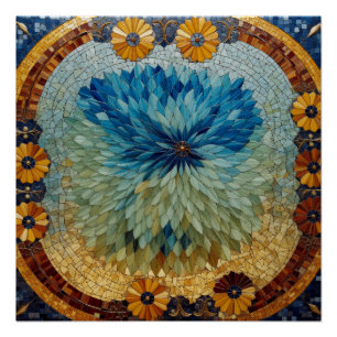 Pôster Mosaico Verde Azul Floral