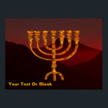 Pôster Moshe's Menorah<br><div class="desc">Uma representação da menorah de sete ramificações (candelabro) feita pelos israelitas após o Êxodo do Egito. Personalize adicionando seu próprio texto. Na Torah Moshe Rabbenu, diz-se, "Você fará um Menorah de ouro puro, espancado, se o Menorah for feito, sua base, seu galho, suas bolas, seus botões, e suas flores serão...</div>