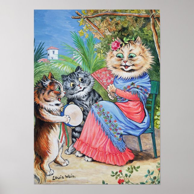 Poster Mother Cat with Fan and Kittens, Louis Wain (Frente)