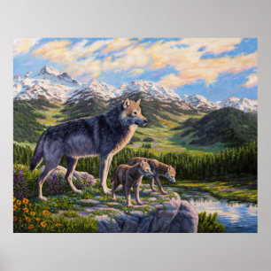 Poster Mother Wolf & Pups Mountain River Valley
