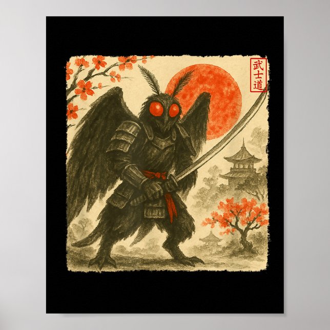 Poster Mothman Samurai Traje de Guerreiro Japonês Sumi-e  (Frente)
