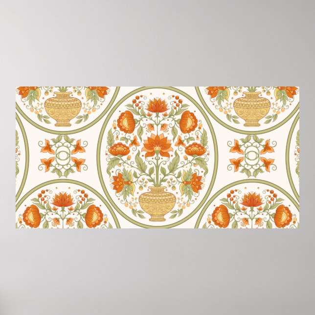 Poster Motif da tradição, flores de fantasia em retrô. (Frente)