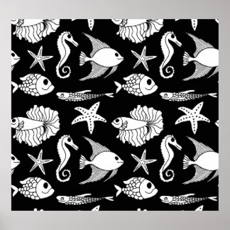 Poster Motif De Peixe: Padrão Branco Preto.