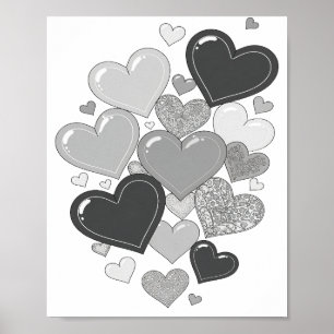 Poster Motivo Artístico Corações Cinza Elegante