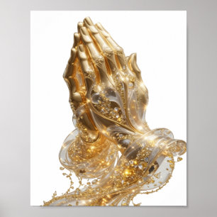 Poster Motivo Artístico Mãos em Oração Douradas Prata Esb