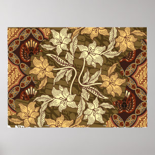Poster motivos de batik indonésio com padrões de flora e 