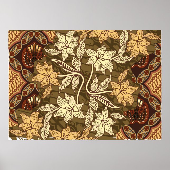 Poster motivos de batik indonésio com padrões de flora e  (Frente)