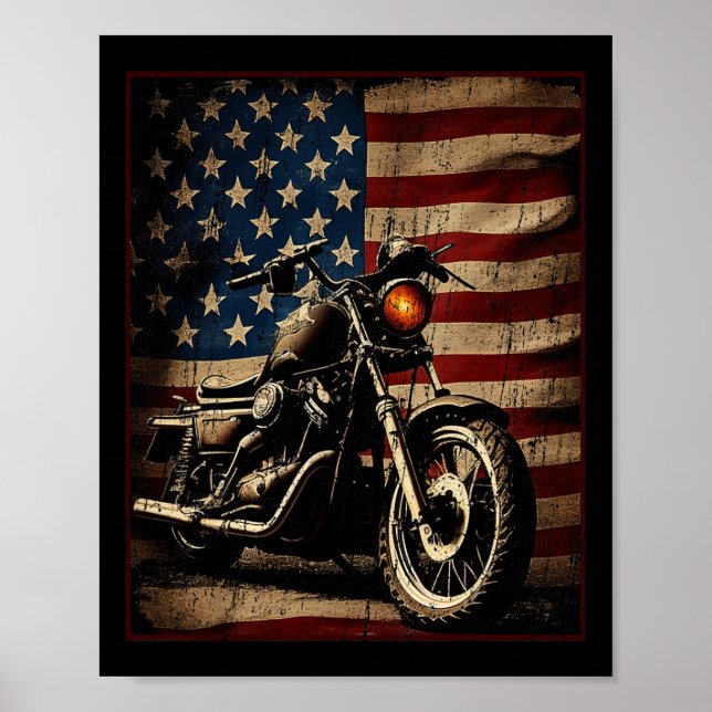 Poster Motocicleta Bandeira EUA Retro Biker  (Frente)
