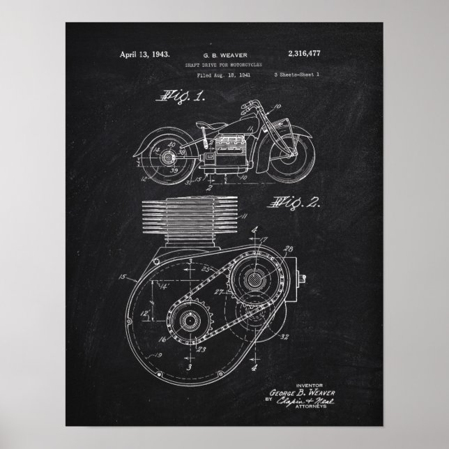 Poster Motocicleta Drive 1943 Patent Chalkboard (Frente)