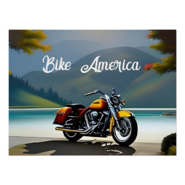 Pôster Motocicleta estacionada perto do lago