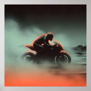 Poster Motociclista Neon sob Chuva e Névoa