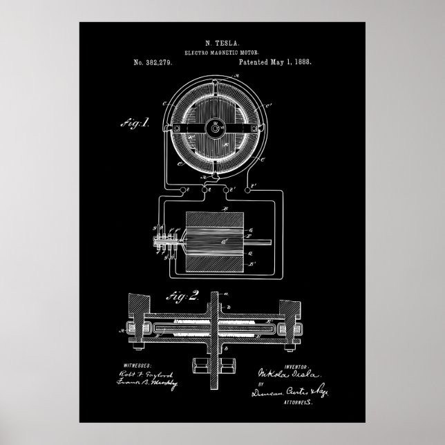 Poster Motor Eletromagnético Tesla 1888 Patente (Frente)