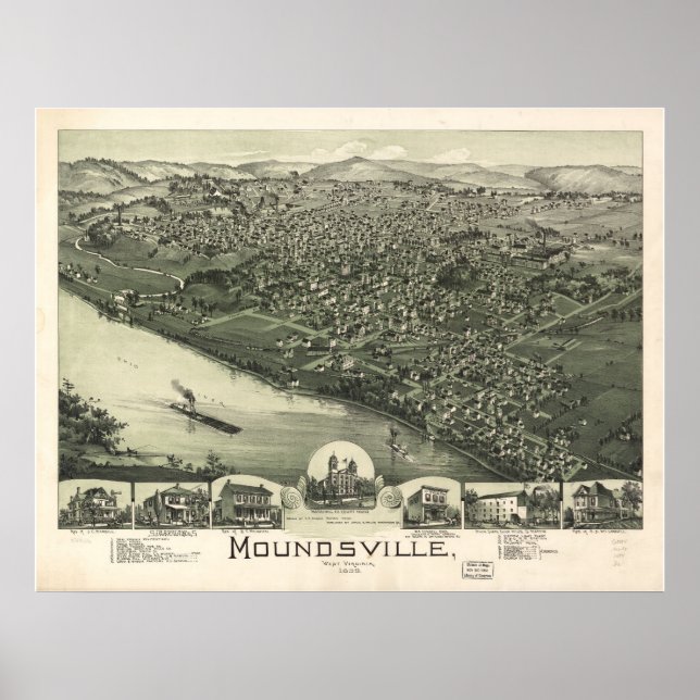 Pôster Moundsville, 1899, Mapa Panorâmico de Visão de Olh (Frente)